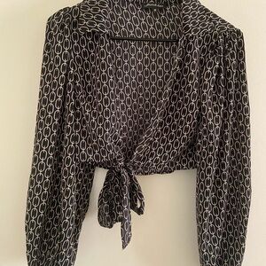 French Kiss Black and White Geometric Tie Blouse
